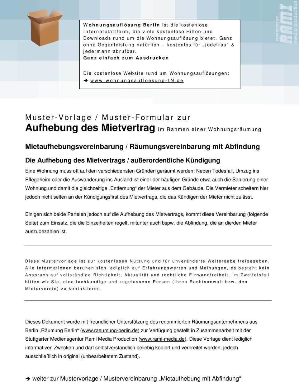 Aufhebung Mietvertrag Vorlage