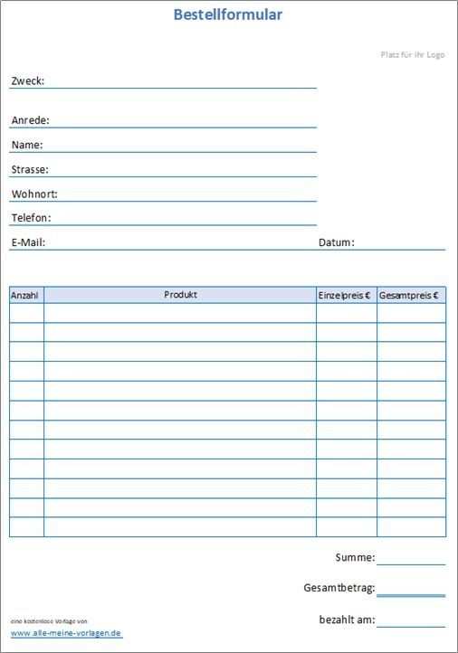 Bestellformular Vorlage Fur Deine Bestellung Bestellformular Formular Excel Vorlage