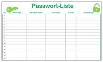 Vorlage Passwort Liste Kennwort Liste Passwort Liste Excel