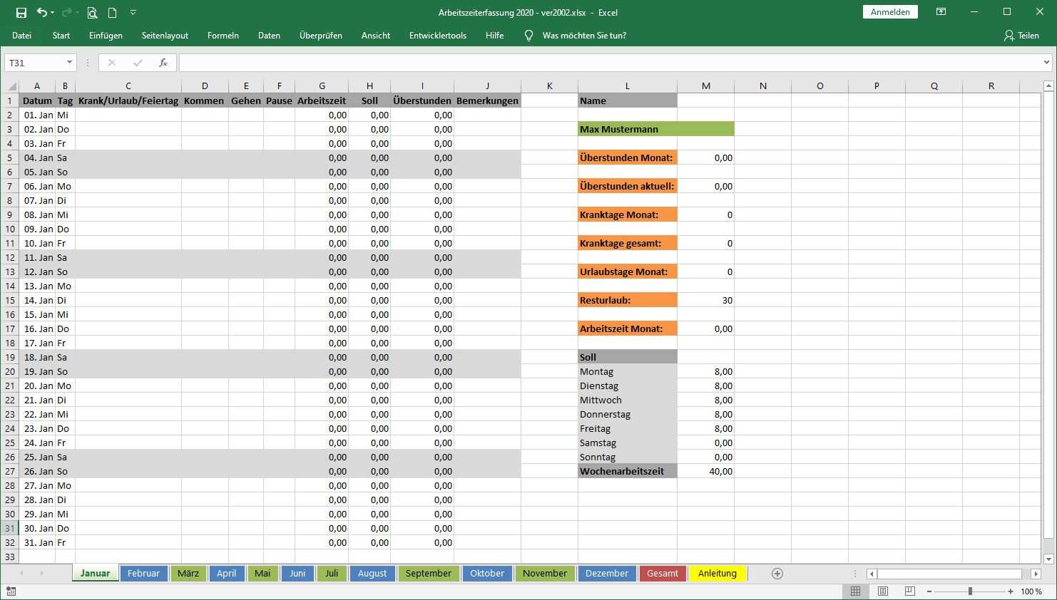 Arbeitszeiterfassung In Excel Vorlage Zur Freien Nutzung