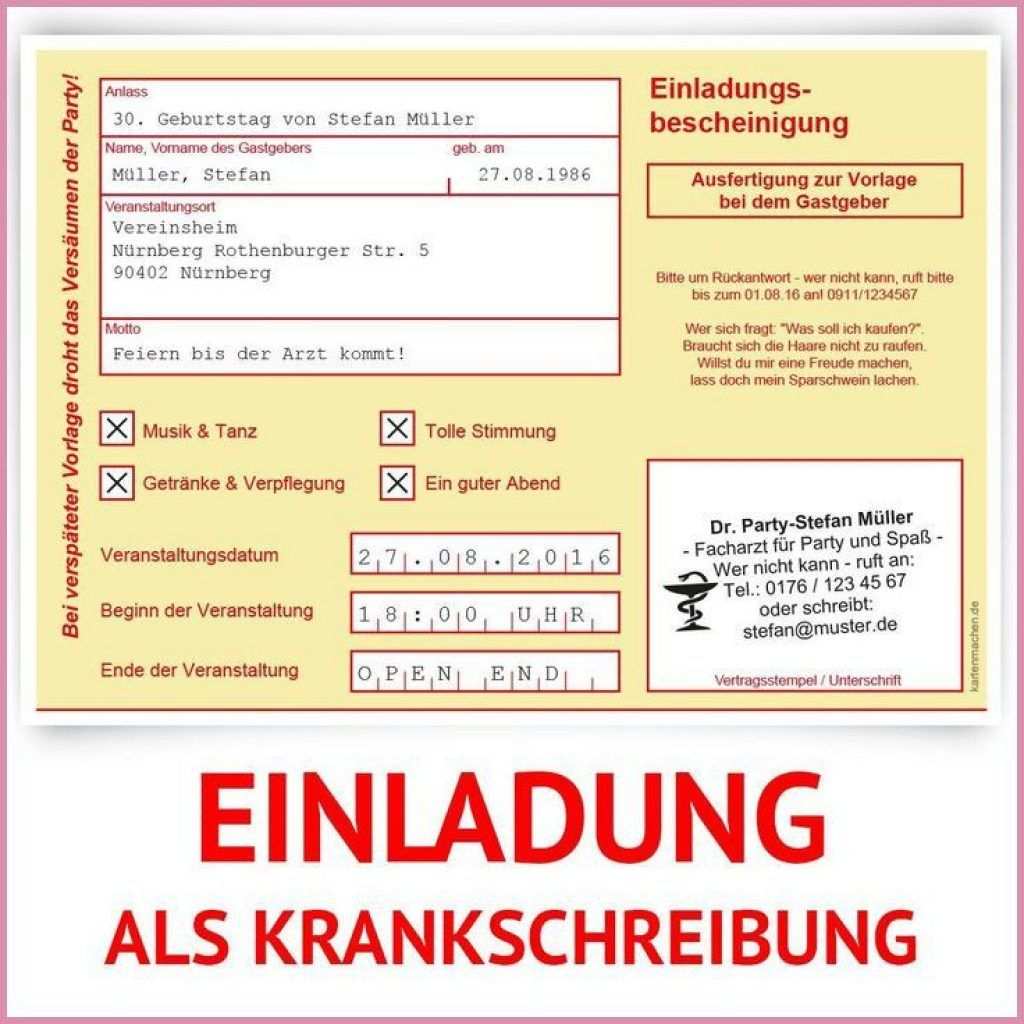 Einladungskarten Zum Geburtstag 10 Stuck Als Krankschreibung