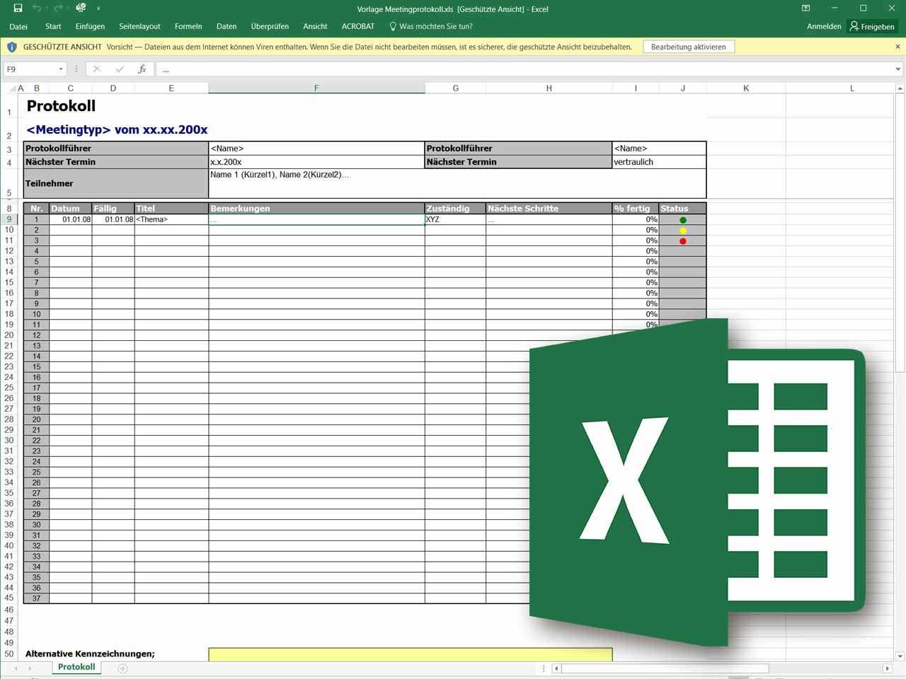 Besprechungsprotokoll Als Excel Vorlage Excel Vorlage Vorlagen