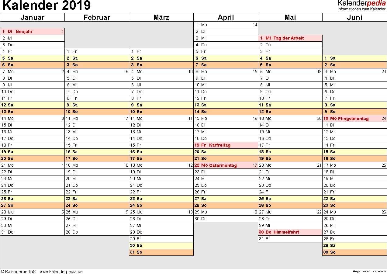 Kalender 2019 Zum Ausdrucken In Excel 16 Vorlagen Kostenlos