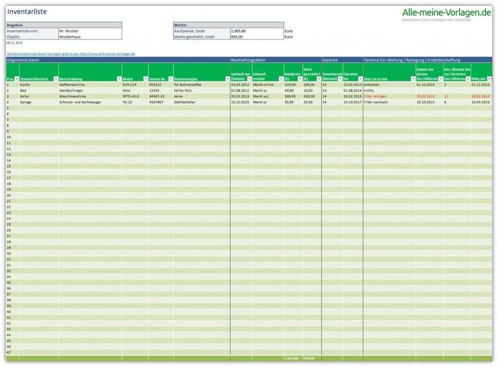 Inventarliste Excel Vorlage