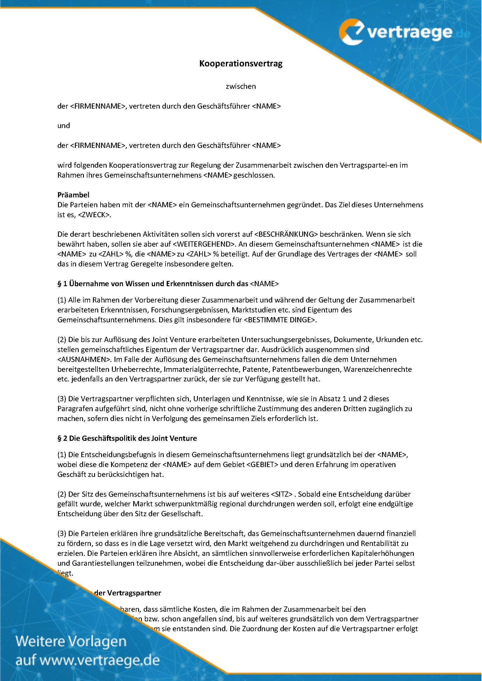 Muster Kooperationsvertrag Akquisitionszusammenarbeit