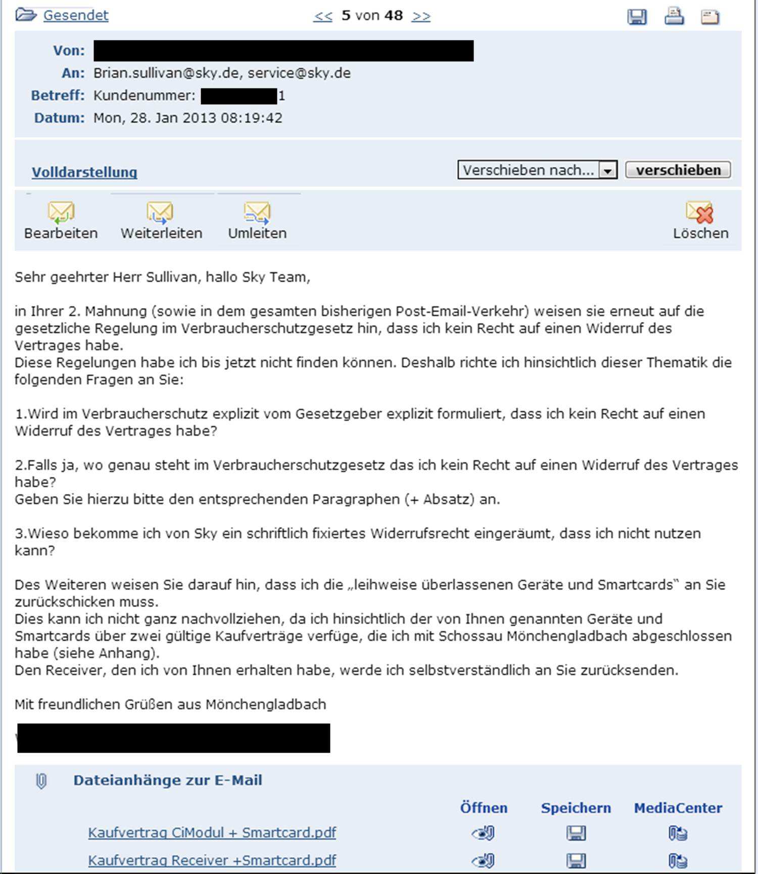 Sky Widerruf Email