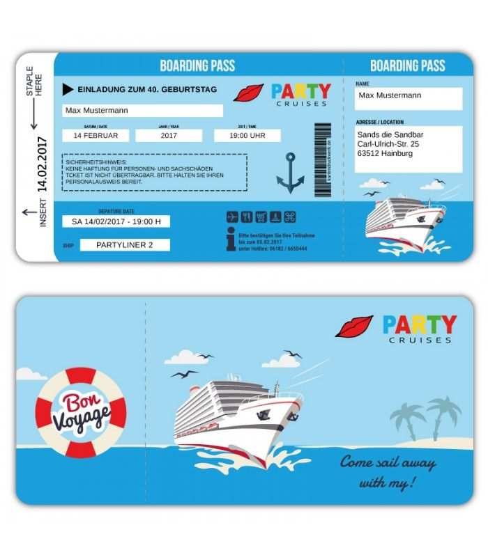 Einladungskarte Schiff Kreutzfahrt Ticket Bordkarte Party Cruises