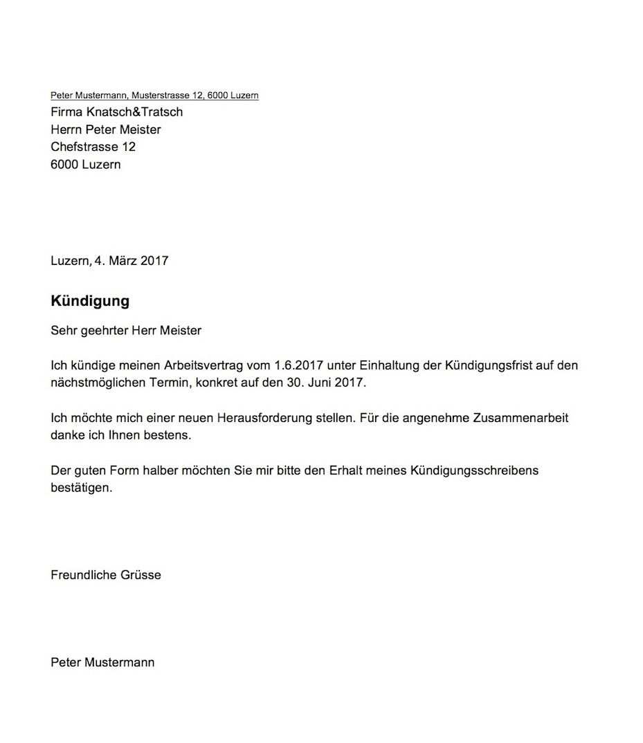Kundigung Vorlage Arbeitsvertrag Schweiz Kundigung Schreiben