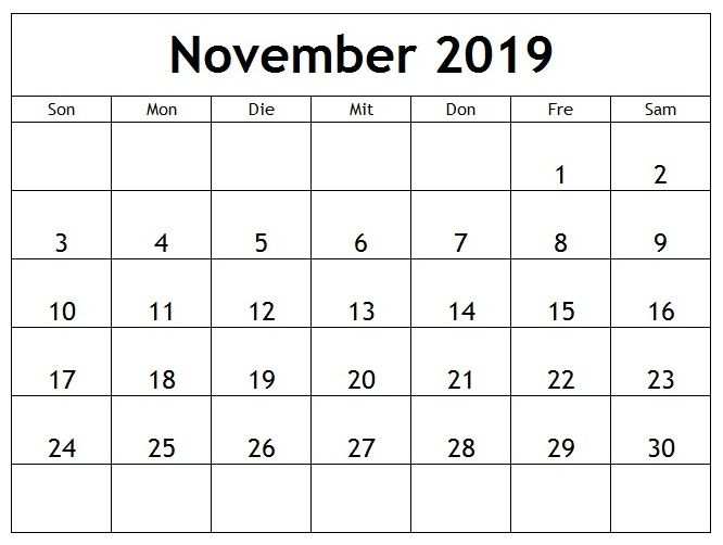 Kalender November 2019 Druckbare Vorlage Pdf Word Excel