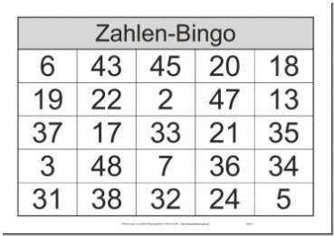 Zahlenbingo Von 1 Bis 48 Bingo Spiele Fur Senioren Bingo Vorlage