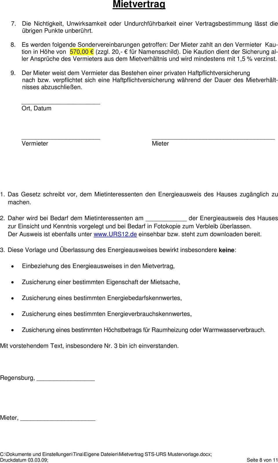 Mietvertrag Energieausweis Vorlage