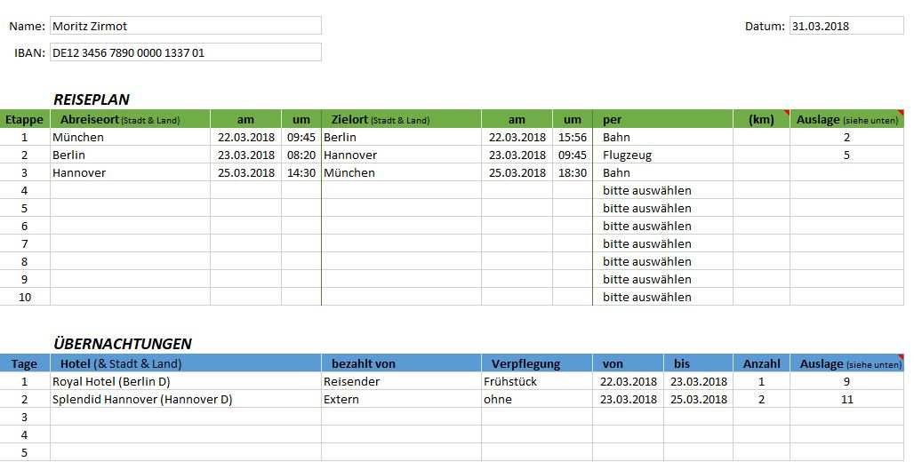 Reisekostenabrechnung 2018 Excel Kostenlos