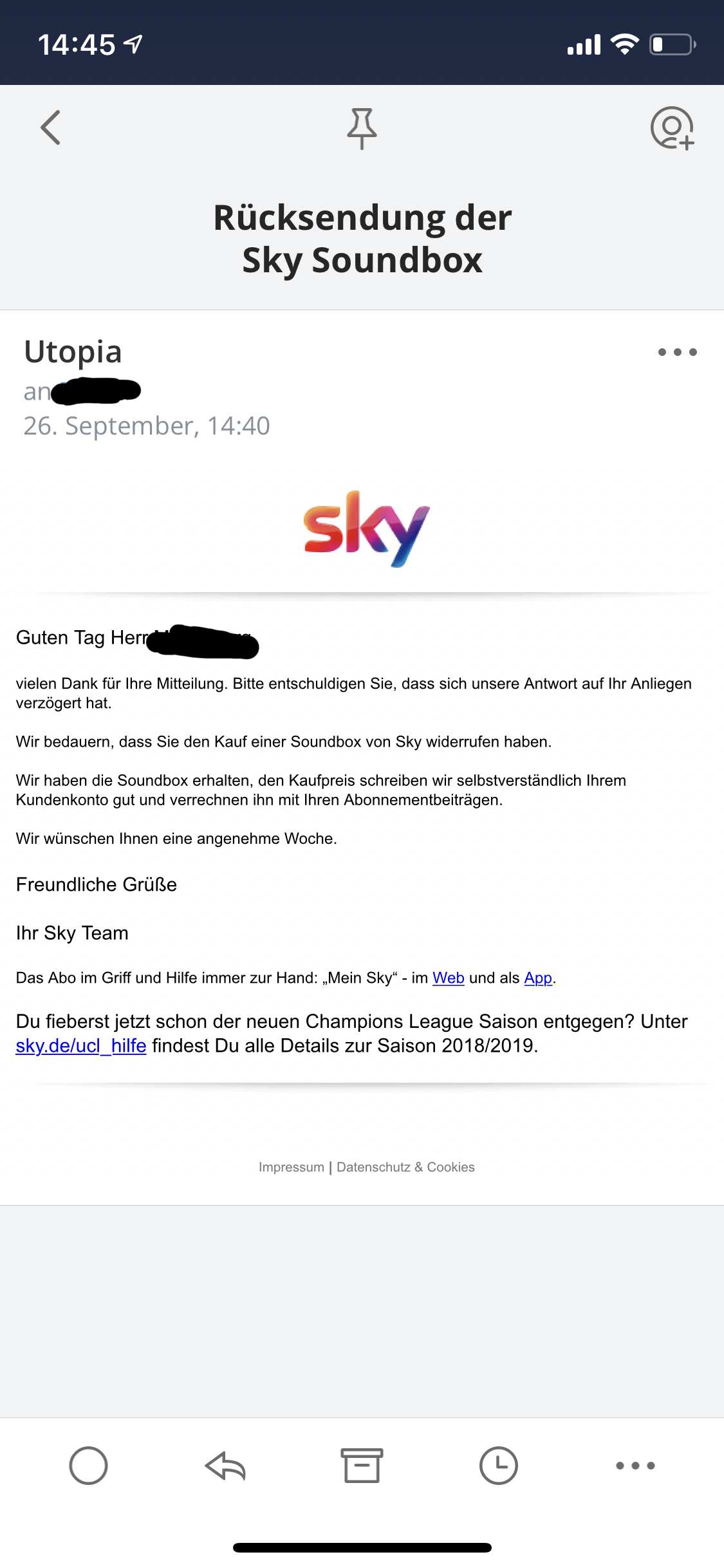Sky Widerruf Email