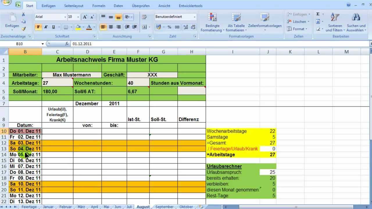Stundenkonto Excel Vorlage